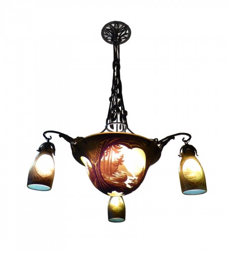 Müller Frères Luneville - Engraved chandelier Vosges landscape Art Nouveau