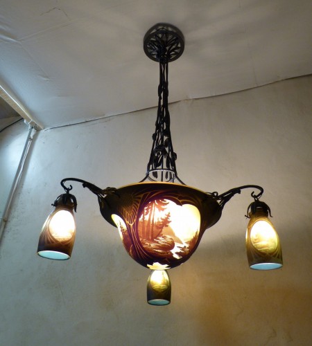 Müller Frères Luneville - Engraved chandelier Vosges landscape Art Nouveau - Lighting Style Art nouveau