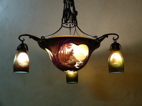 Lighting  - Müller Frères Luneville - Engraved chandelier Vosges landscape Art Nouveau