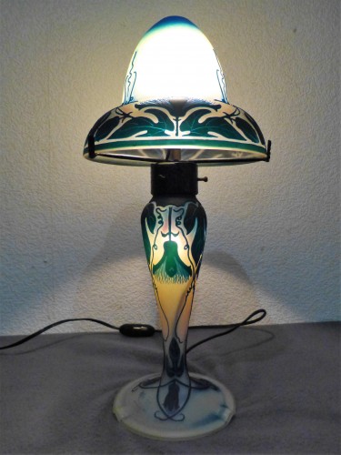 Art nouveau - Müller Frères Luneville - Lampe Champignon décor Chardons