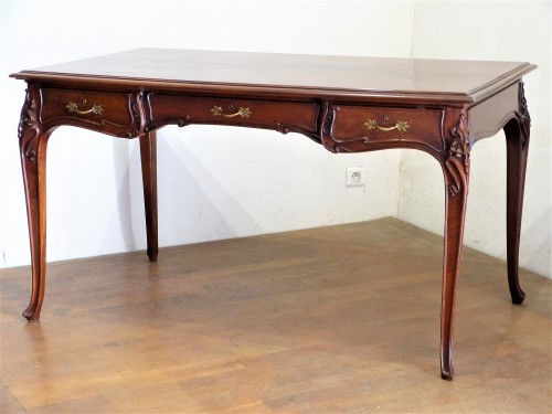 Mobilier Bureau et Secrétaire - Grand bureau plat Art Nouveau aux Iris en Acajou