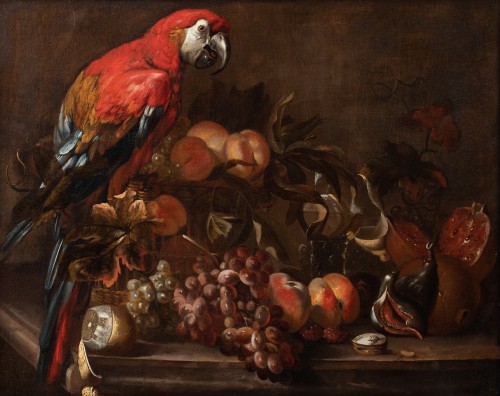 Louis XIV - Nature morte au perroquet et aux fruits Attribué À David de CONINCK