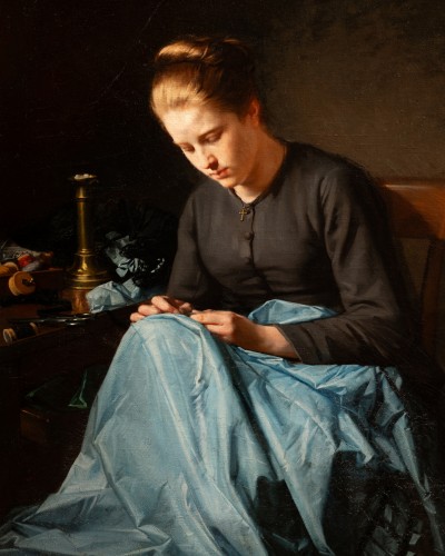 Tableaux et dessins Tableaux XIXe siècle - Jeune fille à la nappe bleu, Hyppolite michaud ( 1823 - 1886 )