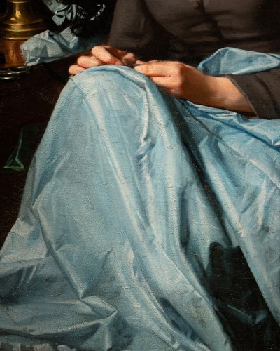 XIXe siècle - Jeune fille à la nappe bleu, Hyppolite michaud ( 1823 - 1886 )