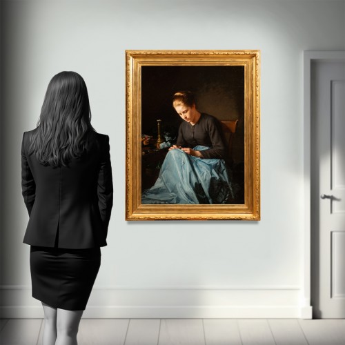 Jeune fille à la nappe bleu, Hyppolite michaud ( 1823 - 1886 ) - 