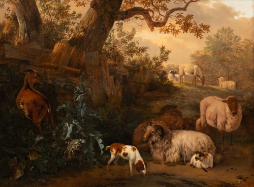 Tableaux et dessins Tableaux XVIIe siècle - Paysage aux Moutons, chèvre et chien, Jan Van der Meer le jeune (1626-1705)