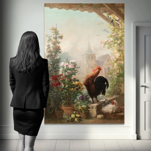 Eugène BIDAU (1839-1899) - Le chant du coq - Tableaux et dessins Style Napoléon III