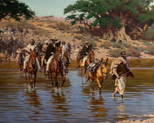 Le passage du gué par des cavaliers en Abyssie, Hugo Ungewitter (1869-1947) - Tableaux et dessins Style 