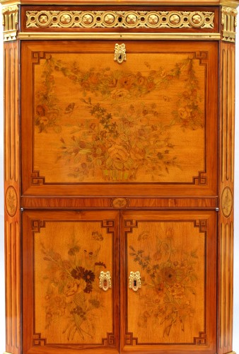 Secretary In Marquetry Of Flowers Louis XVI Stamped C. Topino - Furniture Style Louis XVI