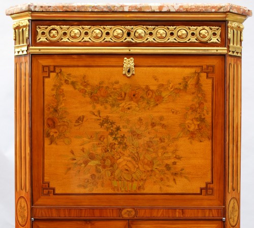 Furniture  - Secretary In Marquetry Of Flowers Louis XVI Stamped C. Topino