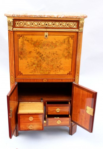 Antiquités - Secretary In Marquetry Of Flowers Louis XVI Stamped C. Topino