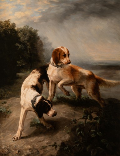 Louise Lalande (1834-1890) - Two dogs at the stop - Paintings & Drawings Style Napoléon III