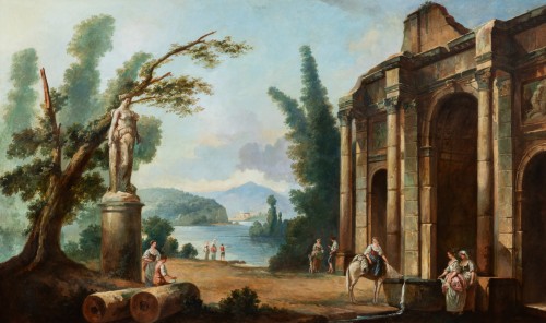 Ecole française fin XIXe - Paysage lacustre avec une architecture à l'antique - Tableaux et dessins Style Napoléon III