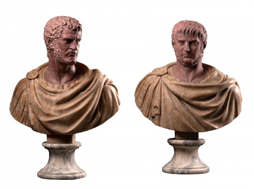 Pair of sculpted marble busts of Roman emperors