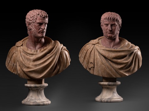 Antiquités - Pair of sculpted marble busts of Roman emperors
