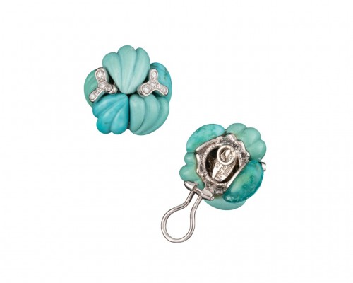 Bijouterie, Joaillerie Boucles d'oreilles - Sterlé - Paire de boucles d'oreilles en or, diamants et turquoises