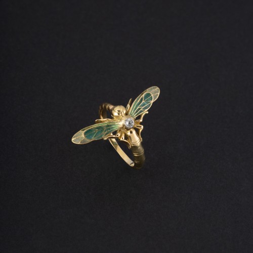 Art Nouveau Dragonfly ring in gold, enamel and diamonds - Antique Jewellery Style Art nouveau