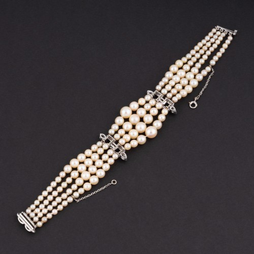 Art Deco bracelet in white gold, diamonds and pearls - Antique Jewellery Style Art Déco