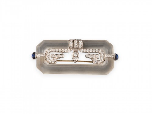 Art Deco Brooch in Gold, Platinum, Diamonds, Sapphires, and Crystal