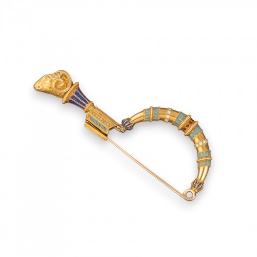  19th century, 18K Gold Etruscan-Style Fibula Brooch, 