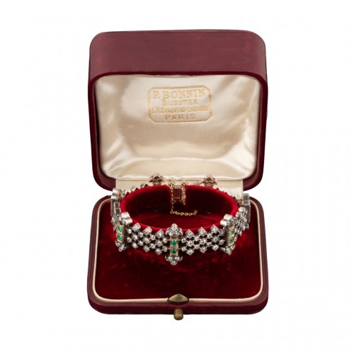 Bracelet in silver, gold, diamonds and emeralds