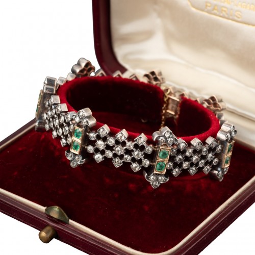 Bracelet in silver, gold, diamonds and emeralds - Antique Jewellery Style 