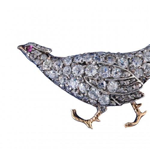 19th century pheasant brooch in gold, silver, and diamonds - 