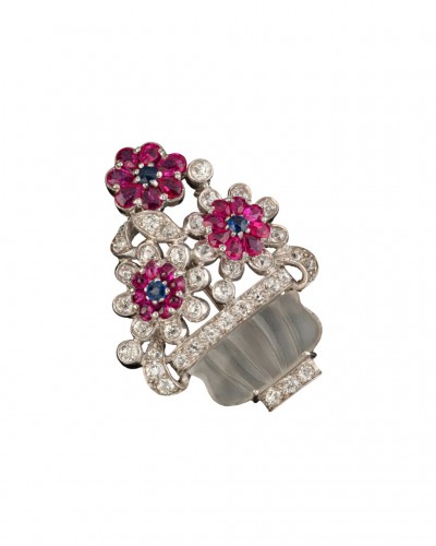White gold floral brooch with rock crystal, diamond, rubies and saphirs - Antique Jewellery Style 