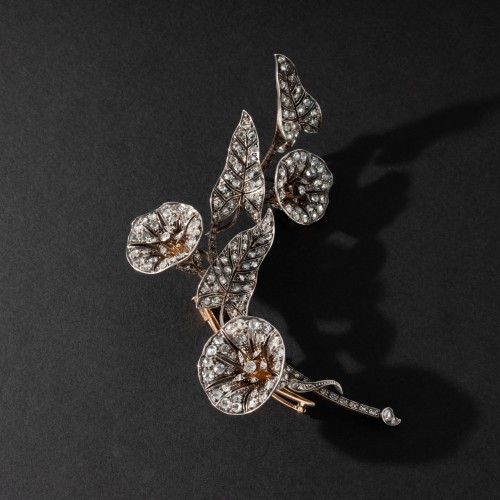 Broche Liseron en or, argent et diamants, fin XIXe siècle - Bijouterie, Joaillerie Style Napoléon III