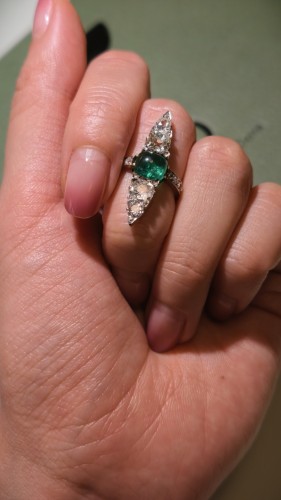 Bijouterie, Joaillerie Bagues - Bague Marquise fin XIXe siècle en or, platine, émeraude de Colombie et diamants