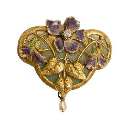 Pendentif floral en or, plique-à-jour et diamants, vers 1900