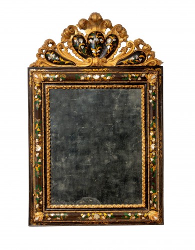 Miroir vénitien en bois laqué et doré avec inserts en nacre