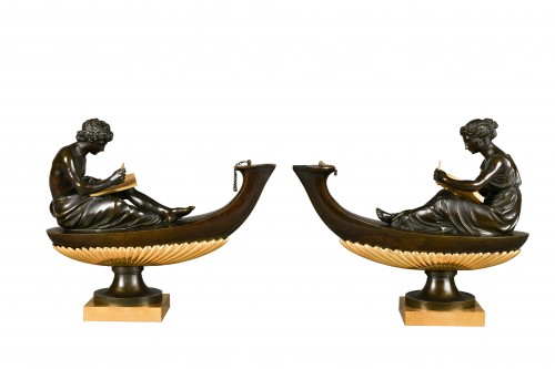 Pair of ormoulu and patinated bronze oil lamps