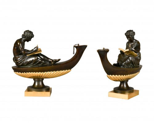 Pair of ormoulu and patinated bronze oil lamps - Lighting Style Empire
