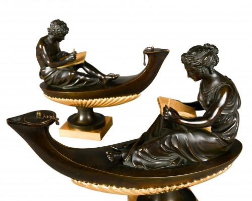 Lighting  - Pair of ormoulu and patinated bronze oil lamps