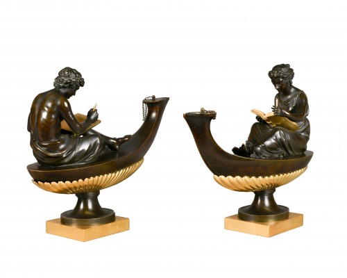 Pair of ormoulu and patinated bronze oil lamps - Empire