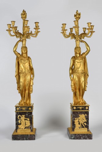 Antiquités - Très importante paire de candélabres d’époque Empire, signée Thomire