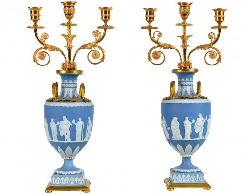 A Pair of Louis XVI Ormolu and Wedgwood Jasperware Candelabra 