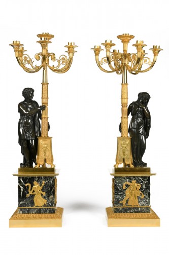 A pair of Empire Period, ormolu and patinated bronze candelabra 