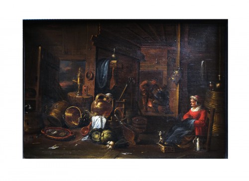 Femme âgée dans une cuisine, École flamande début XVIIIe siècle attribué à Hendrick Martensz SORGH
