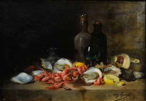 Charles Thomas (1857 - 1892) Nature morte aux huitres et crevettes