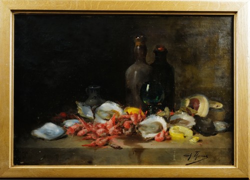 Charles Thomas (1857 - 1892) Nature morte aux huitres et crevettes - Tableaux et dessins Style 