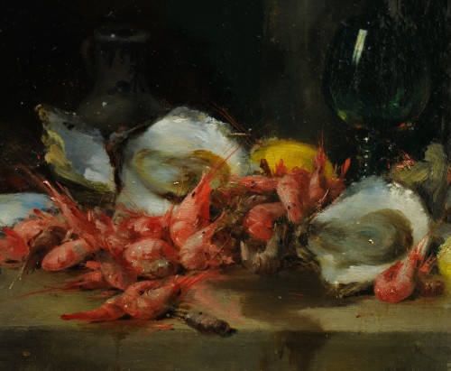 Tableaux et dessins Tableaux XIXe siècle - Charles Thomas (1857 - 1892) Nature morte aux huitres et crevettes