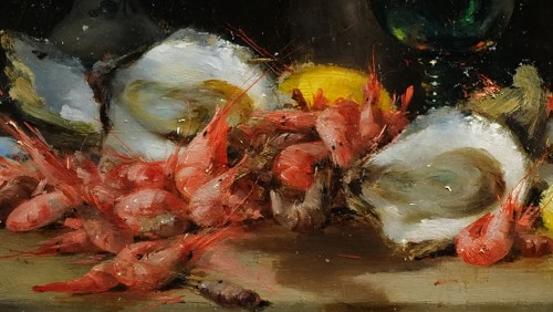 XIXe siècle - Charles Thomas (1857 - 1892) Nature morte aux huitres et crevettes