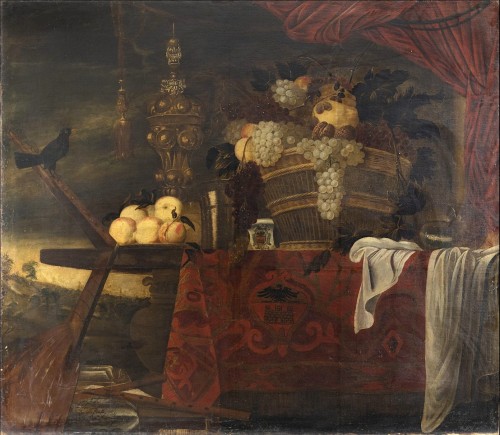 Très grande Nature morte et armoiries de la famille Giustiniani, École italienne du XVIIe siècle