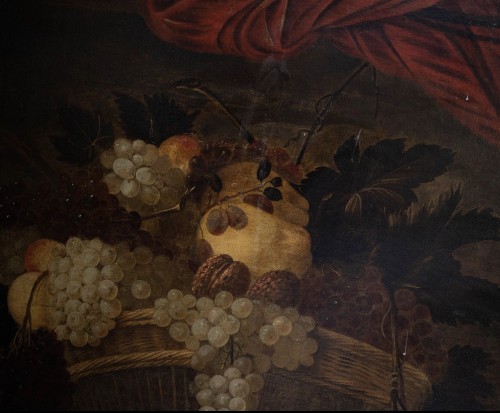Très grande Nature morte et armoiries de la famille Giustiniani, école italienne du XVIIe siècle - Tableaux et dessins Style 