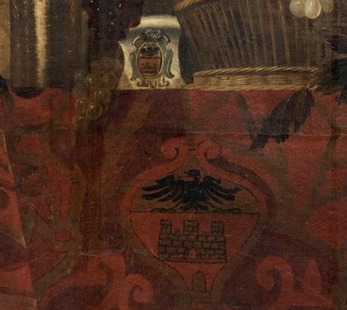 Tableaux et dessins  - Très grande Nature morte et armoiries de la famille Giustiniani, école italienne du XVIIe siècle