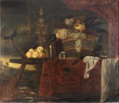 Très grande Nature morte et armoiries de la famille Giustiniani, école italienne du XVIIe siècle