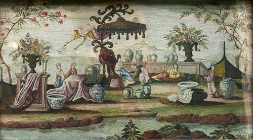 Feuille d’éventail peinte aux chinoiseries, École française vers 1750-1770 - Tableaux et dessins Style Louis XV