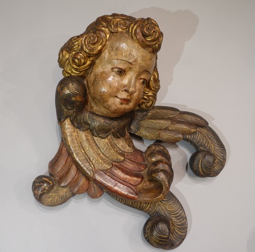 XVIIe siècle - Paire d'anges, École italienne, bois polychrome début XVIIe siècle